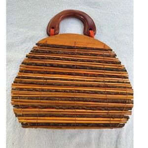 Vintage Handmade Wood Rattan Handbag Nature Lover Granola Wood Top Handle Bag
